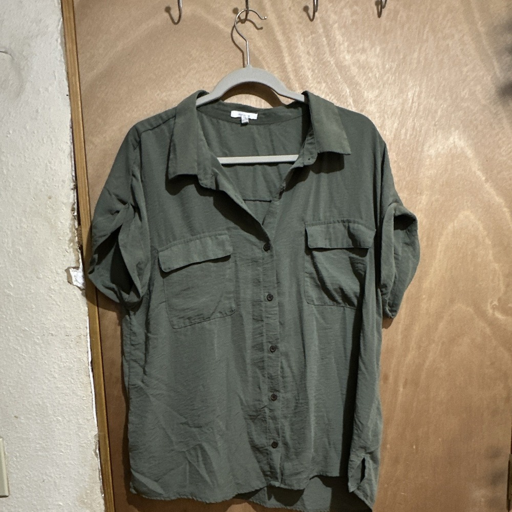 maurices Womens Green Solid Woven Button-Up Collared Short Sleeve Pockets 2XL
